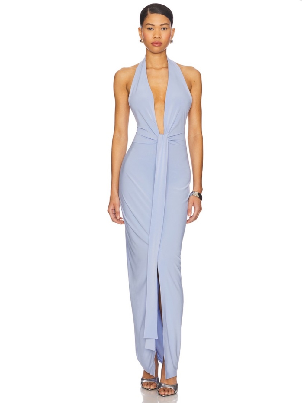 Norma Kamali Light Blue Tie-Front Halter Gown